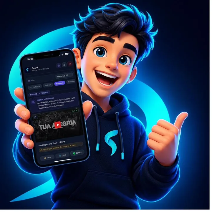 Mascote do Scord fazendo joinha e mostrando o app no celular